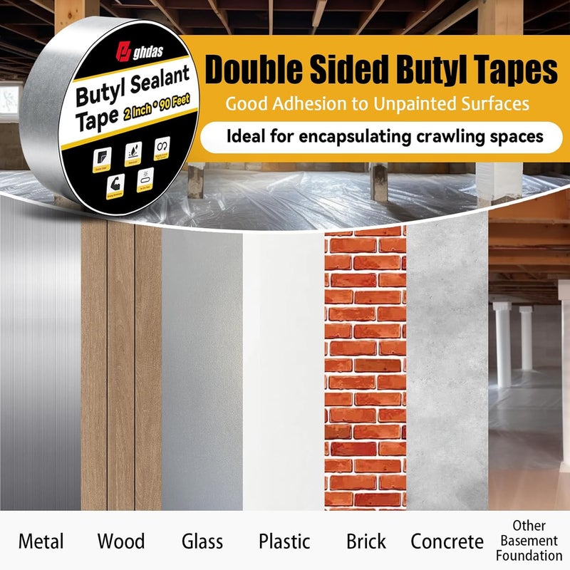 Bghdas - 2 Pack Butyl Sealant Tape 2" X 90' - Double Sided - Black Vapor Barrier Butyl Tape for Wall of Crawl Space, Rv Windows, Deck Boat, Crawlspace (Waterproof, Weatherproof) - Image 3